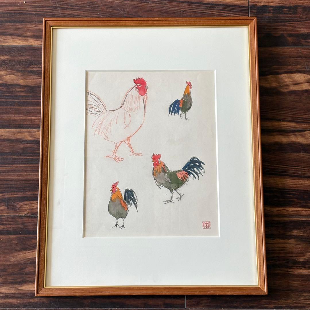 尾山幟 日展用スケッチ 日本画 額装 鶏 額装 日展評議員 B