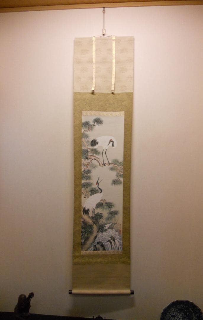 掛け軸 熊代熊斐 松鶴図 絹本 名品 複製 希少 軸装 茶道具 掛軸 美品 です
