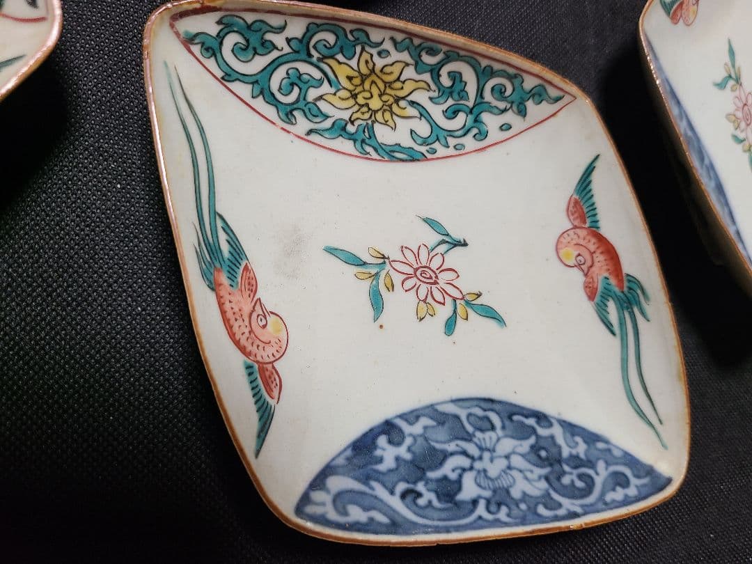 九谷焼初代須田菁華古九谷色絵菱形皿5枚