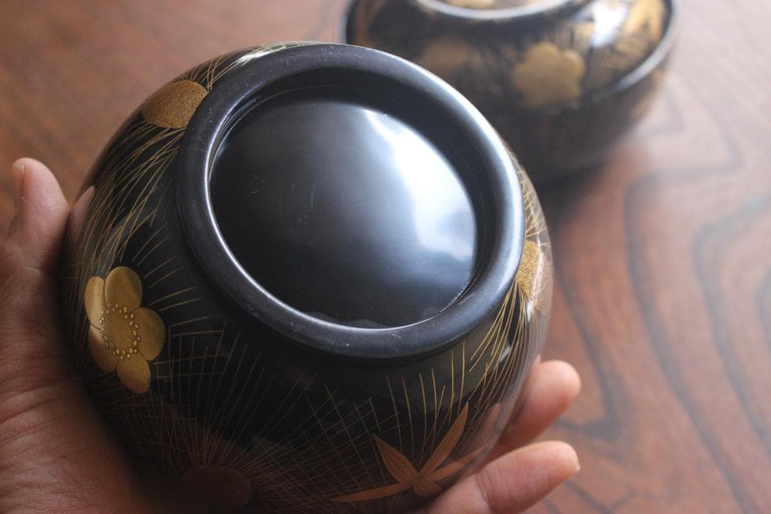 時代逸品！時代黒漆に極上松竹梅蒔絵の映える煮物椀2点（検輪島塗雑煮椀蒔絵椀
