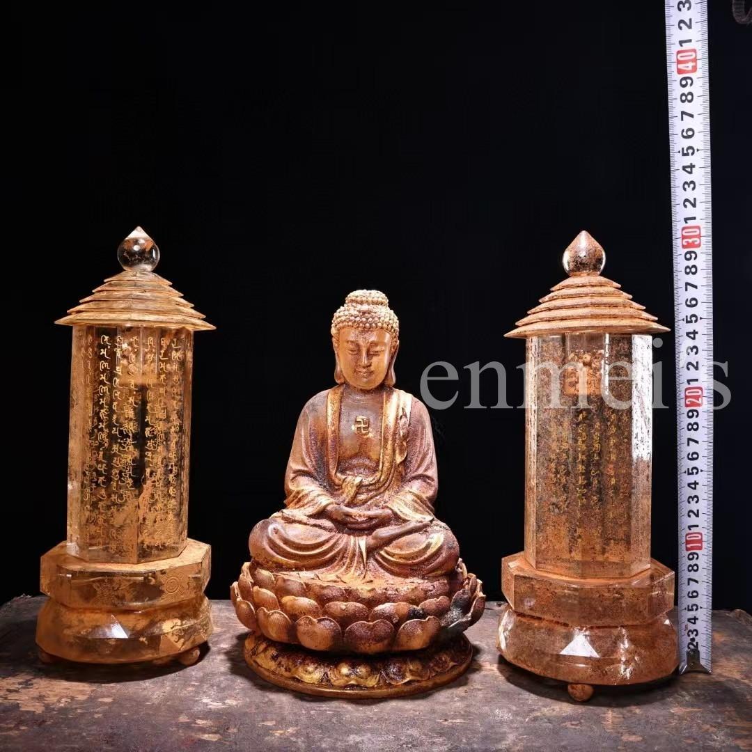 中国古美術·古水晶彫刻款・描金・釈迦牟尼仏祖 舍利塔 セット・金剛舍利子附・細工