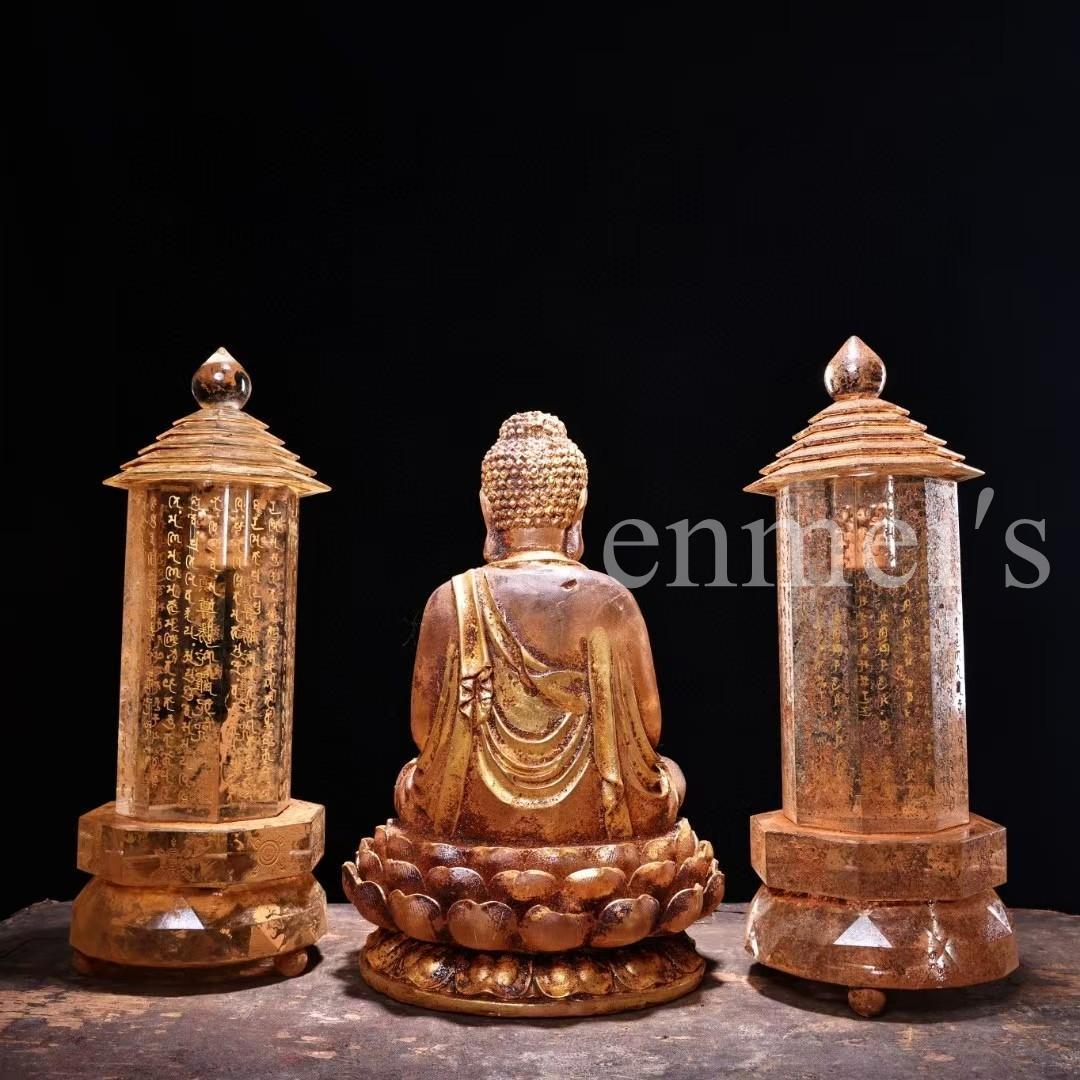 中国古美術·古水晶彫刻款・描金・釈迦牟尼仏祖 舍利塔 セット・金剛舍利子附・細工