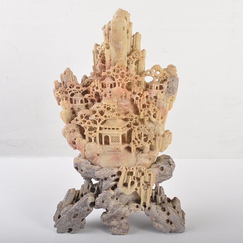 中国　玉石蝋石青田石　楼閣山水雕　床飾　置物　M　R7537