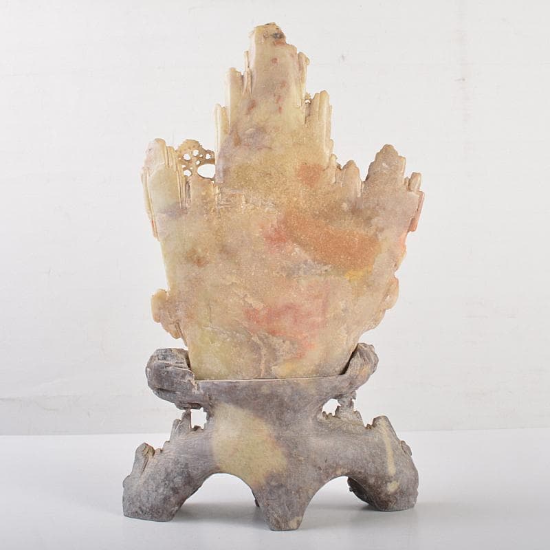 中国　玉石蝋石青田石　楼閣山水雕　床飾　置物　M　R7537