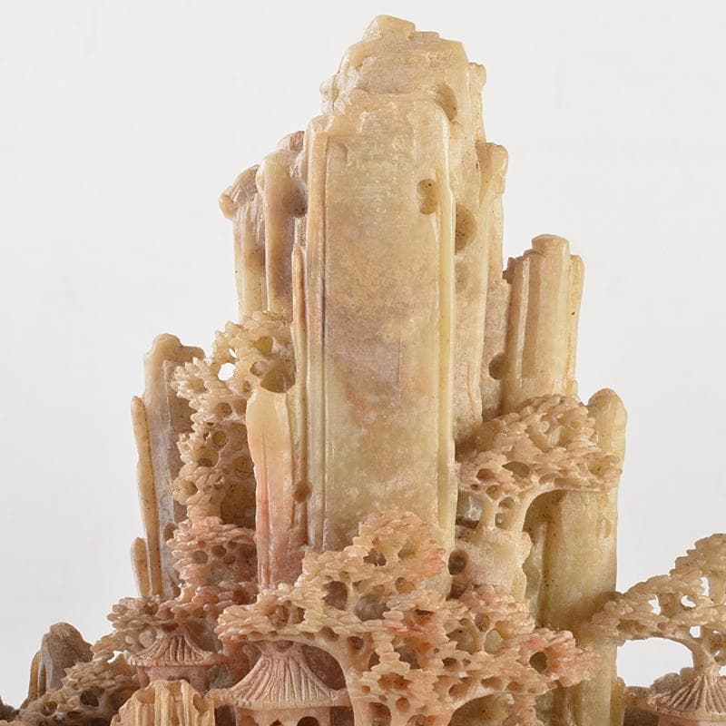 中国　玉石蝋石青田石　楼閣山水雕　床飾　置物　M　R7537