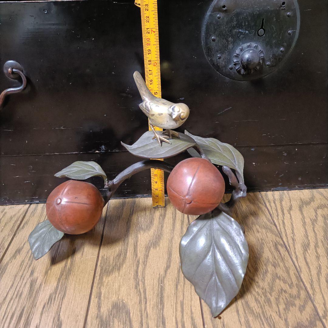 鳥と柿　置物　銅製