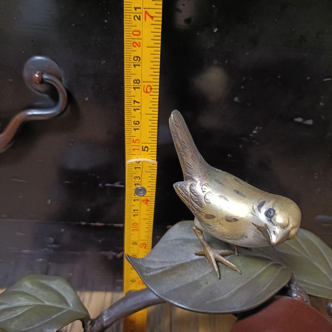 鳥と柿　置物　銅製