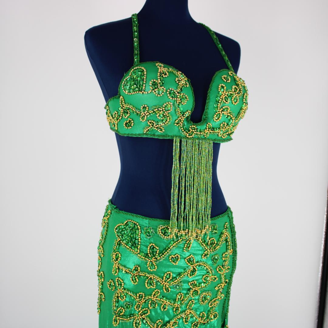 【ベリーダンス用オリエンタル衣装】ラメ入りグリーン ゴールド セットアップ