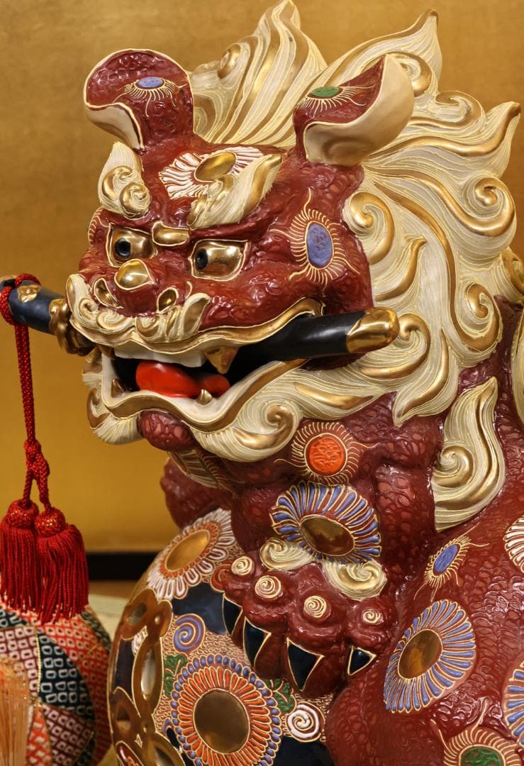 九谷焼　八幡釜　須栄義　剣獅子　置物　床飾　魔除　縁起物　高さ40㎝　BK044