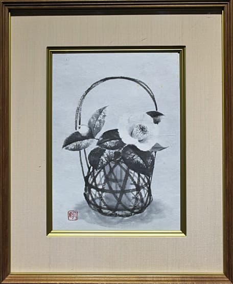 穐月明【籠の椿】 水墨画 4号