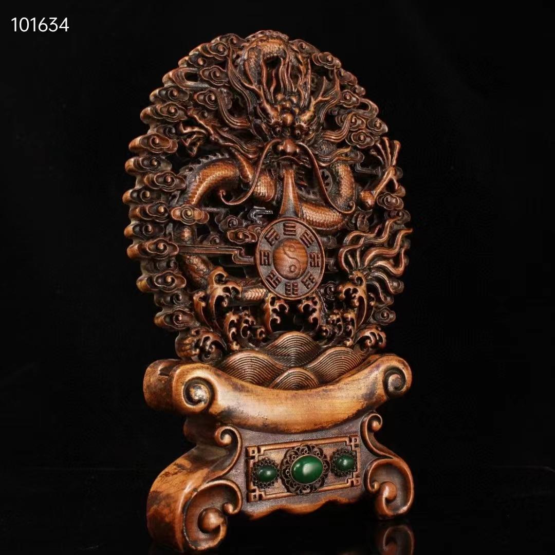 中国古美術・八卦龍屏風・龍置物·黄楊木・手作・宝石で镶嵌・細密彫・風水開運・賞物