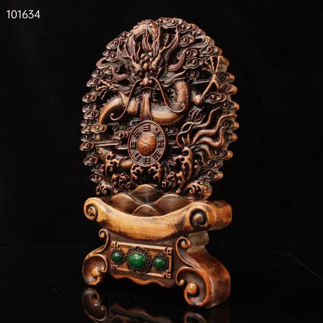 中国古美術・八卦龍屏風・龍置物·黄楊木・手作・宝石で镶嵌・細密彫・風水開運・賞物