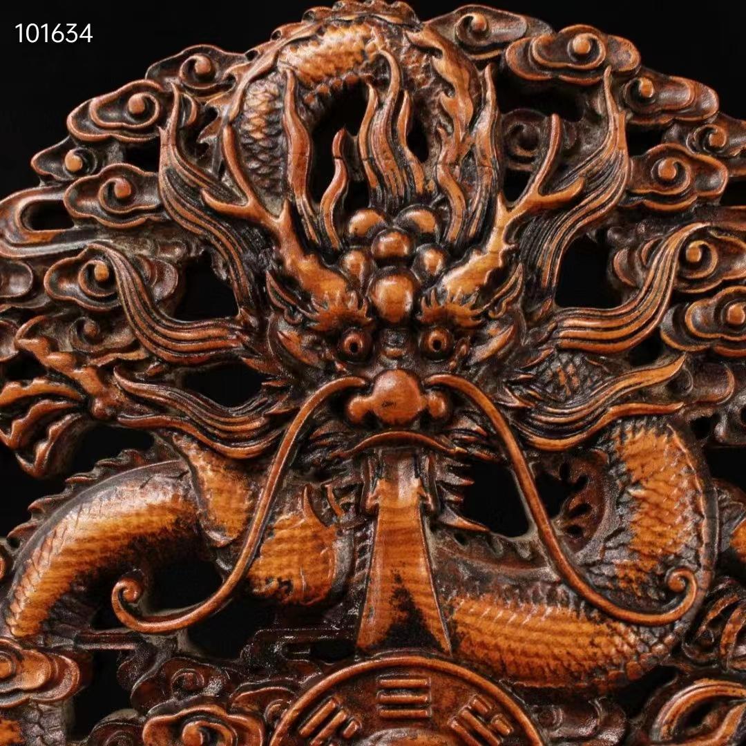 中国古美術・八卦龍屏風・龍置物·黄楊木・手作・宝石で镶嵌・細密彫・風水開運・賞物