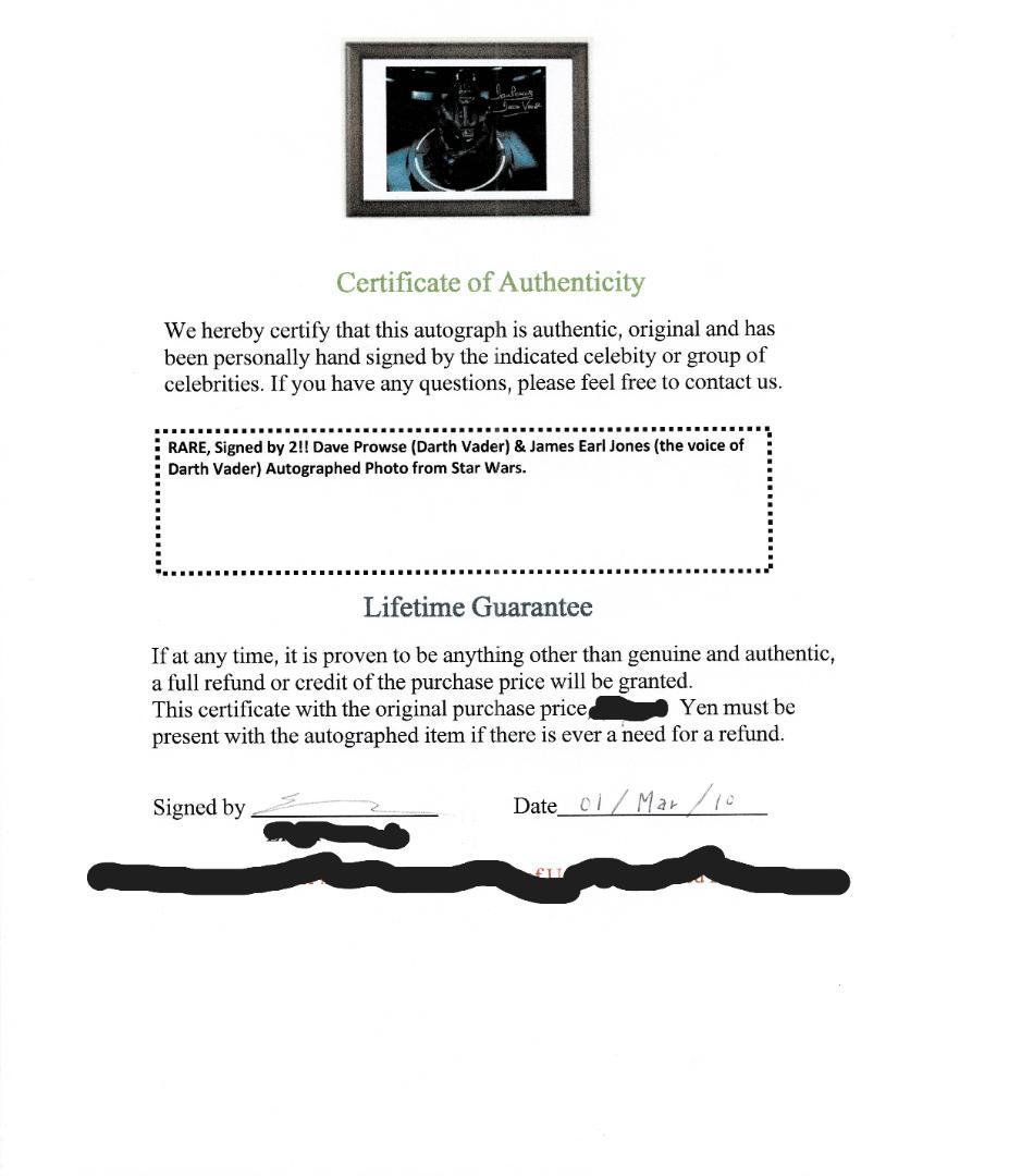 ダース・ベイダー　サイン入り証明書付き
