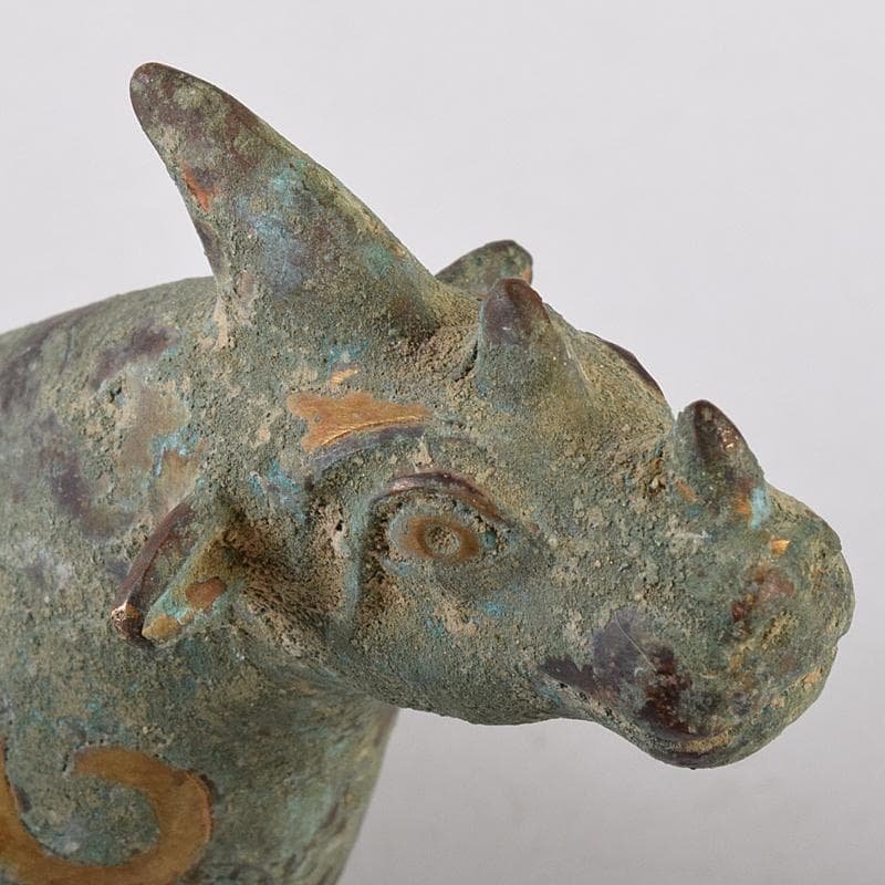 中国　青銅鍍金　金銀象嵌　神獣　置物　V　R8446