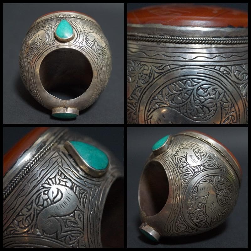 ササン朝ペルシャ期ジュエリーカーネリアン馬柄インタリオ/アマゾナイト象嵌銀製指輪