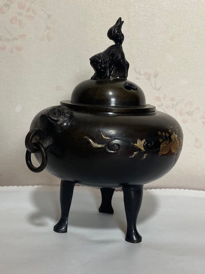 ♦獅子飾り 自在遊環 三足香炉 高岡銅器 銅製 唐金 香道具 置物 飾り 骨董品