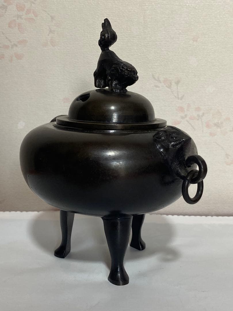 ♦獅子飾り 自在遊環 三足香炉 高岡銅器 銅製 唐金 香道具 置物 飾り 骨董品