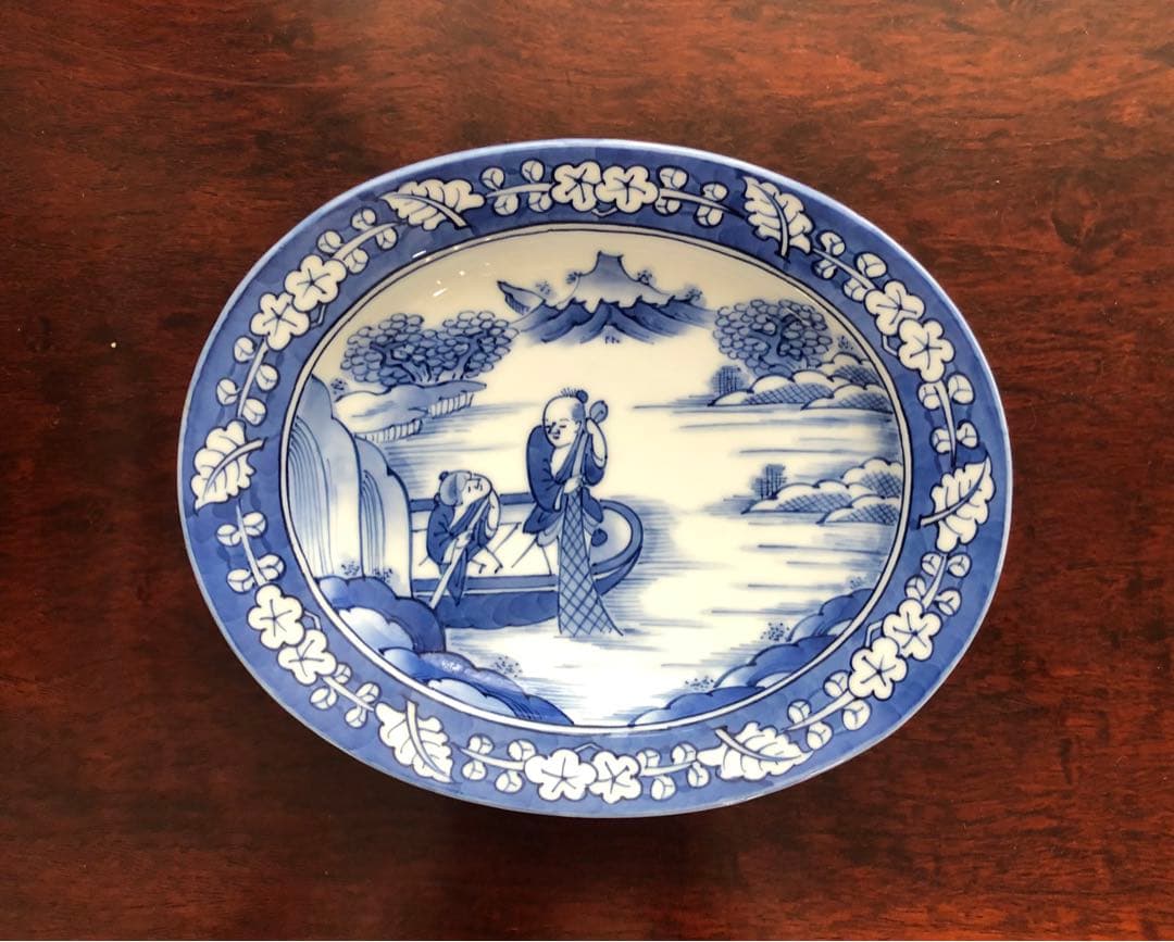 三川内焼　平戸祥山　手彩染付山水　舟に人物　5枚組