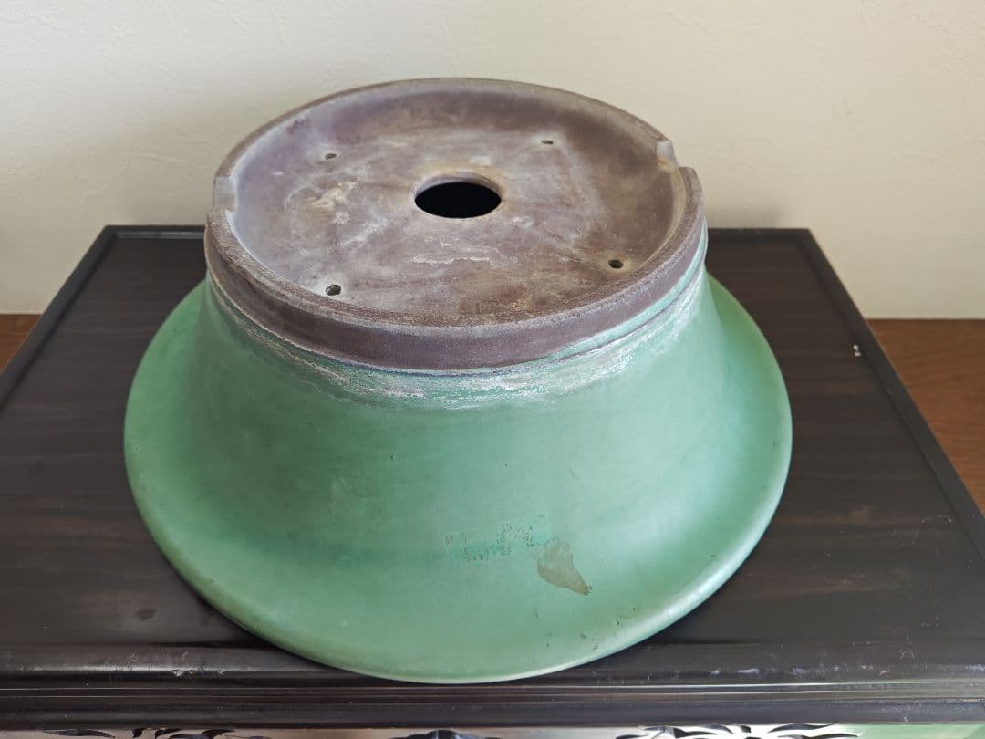 緑色の円型陶器製盆栽鉢 約42cm×15cm