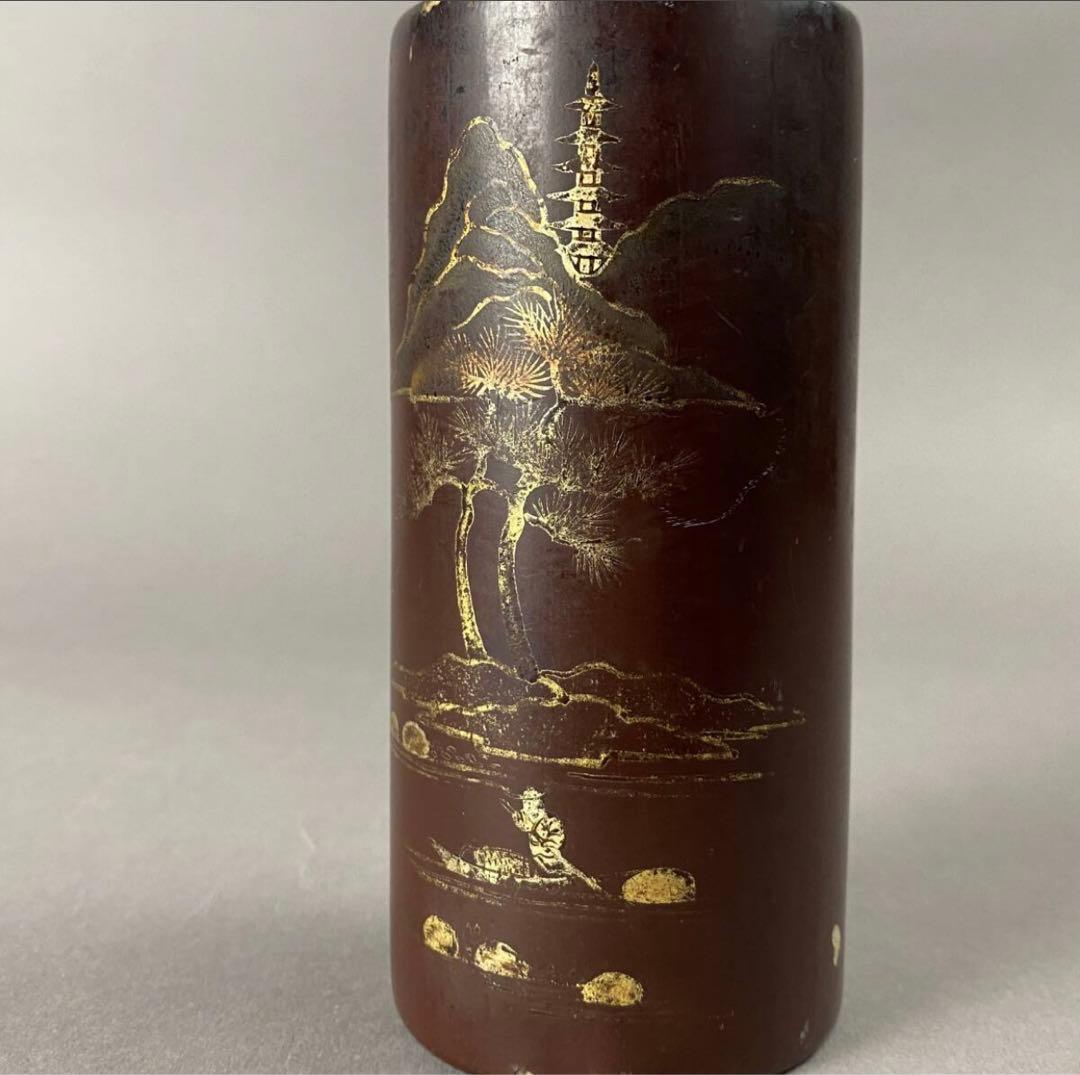 清~民国 黒漆金彩山水紋筆筒　茶道具　筆箱　骨董品　工芸品　時代もの　筆　蒔絵