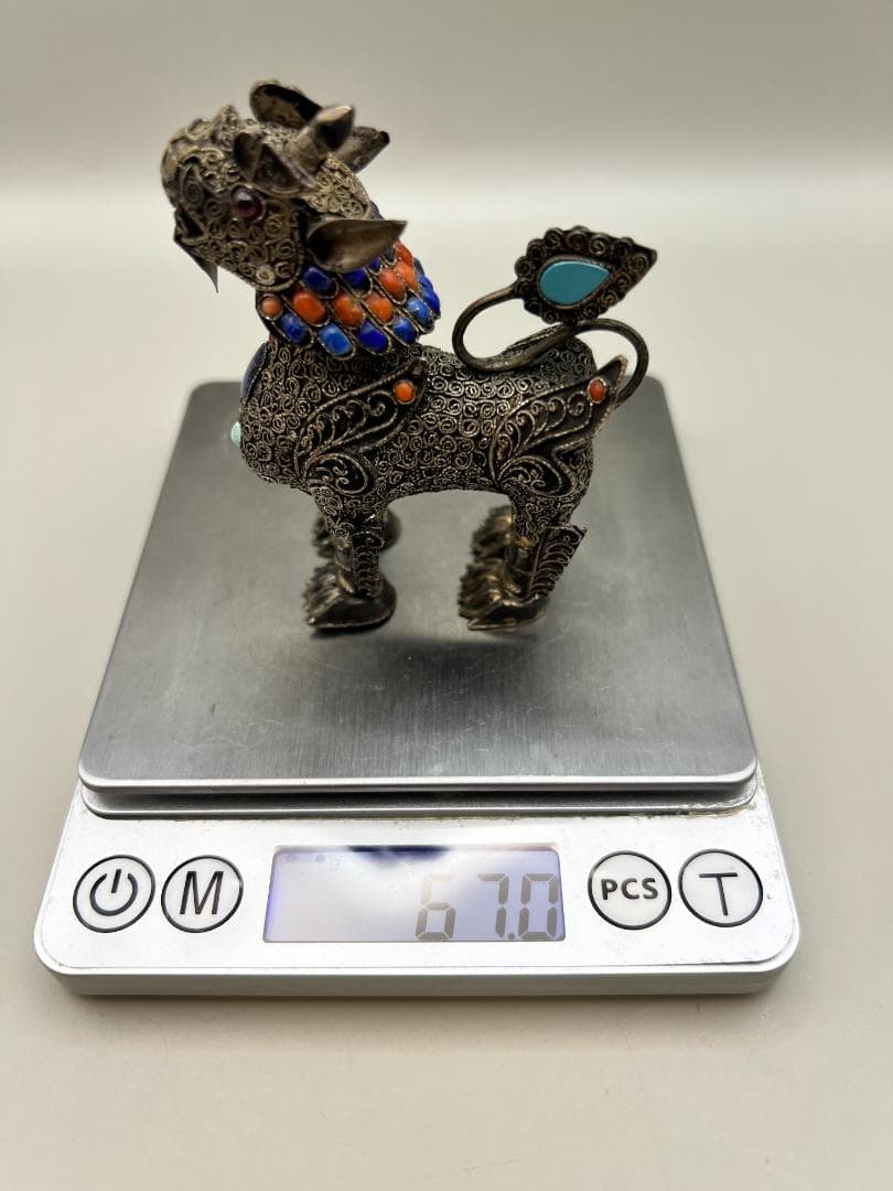 【海】民国期　銀製　獅子　珊瑚　ラピスラズリ　トルコ石装飾　中国骨董品