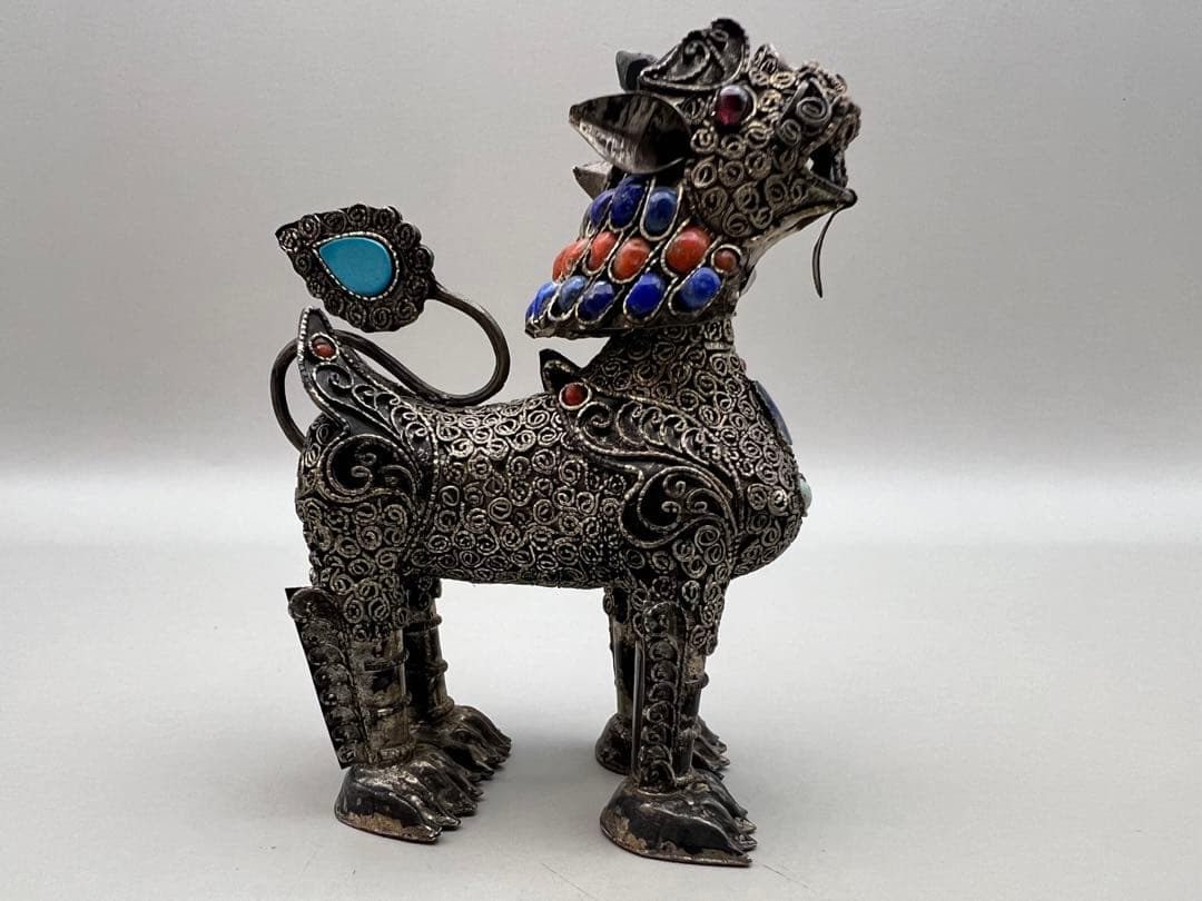 【海】民国期　銀製　獅子　珊瑚　ラピスラズリ　トルコ石装飾　中国骨董品
