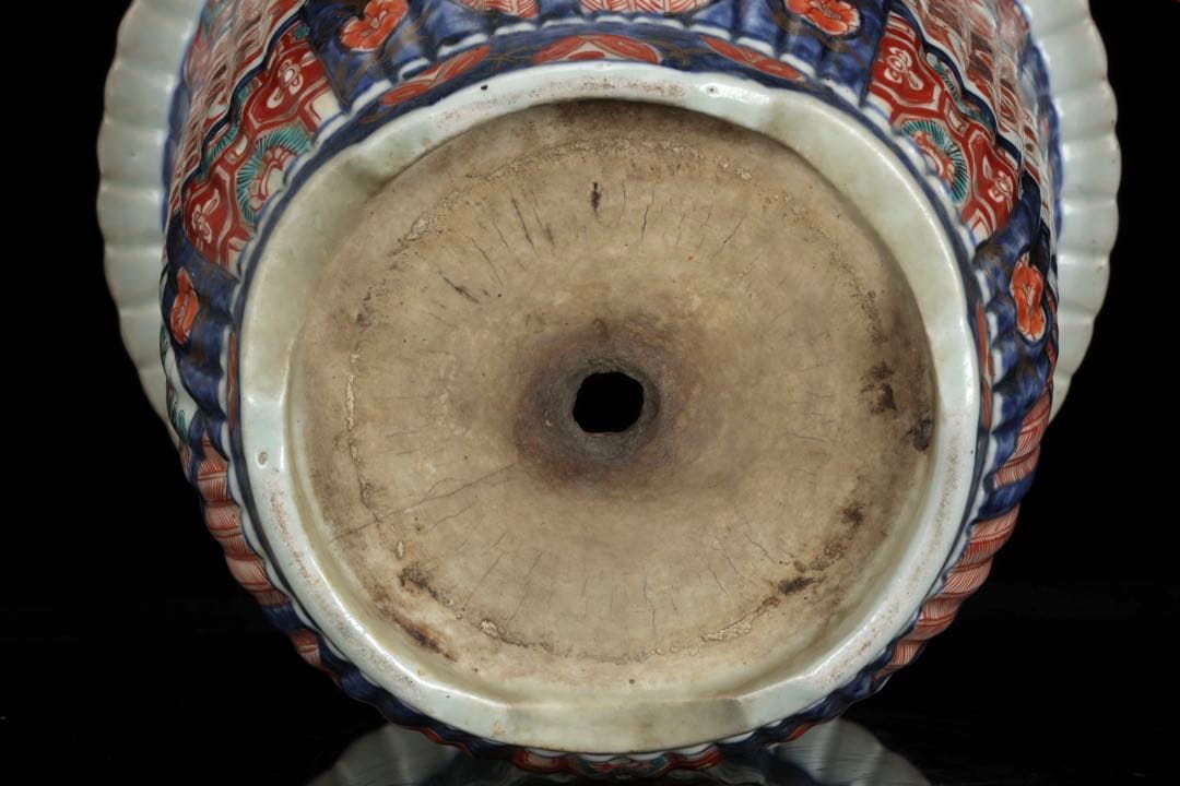 古伊万里 錦手丸鉢 色絵窓絵 鳳凰獅子文 植木鉢 蘭鉢 盆栽鉢 古美術 骨董品