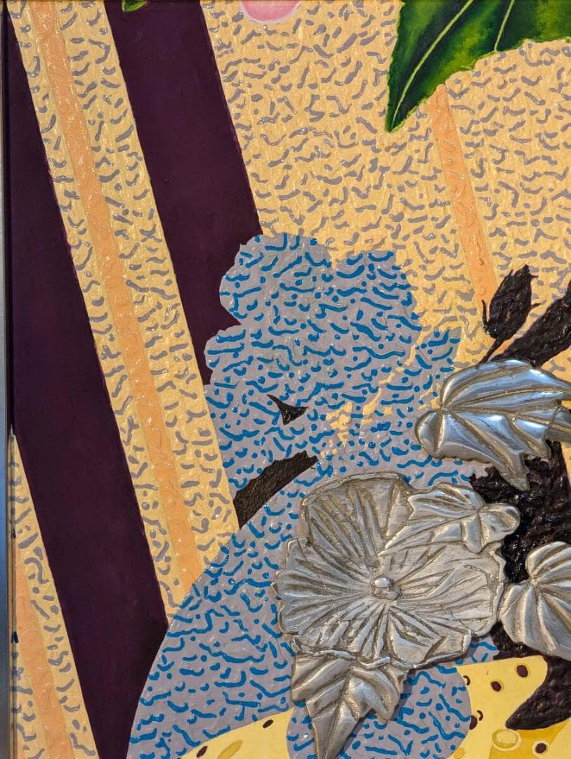 【真作】絵画　ミクストメディア8号　エネルギッシュな構図と立体装飾　　V195