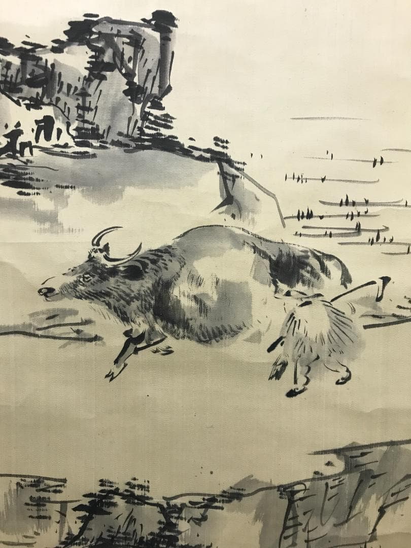 真作/小川清處/春郊牧牛画賛/牛/人物/布袋屋掛軸HB-138