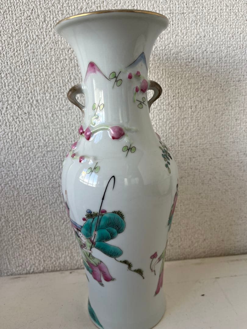 民国時代　中国古玩　粉彩　双耳 花瓶 壺　木箱