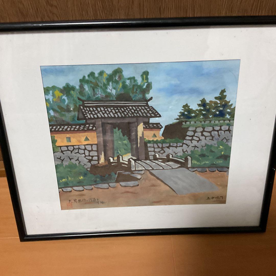 大貝彌太郎画伯の作品を下絵の作品 作者不明 五中校門図 水彩画 額装