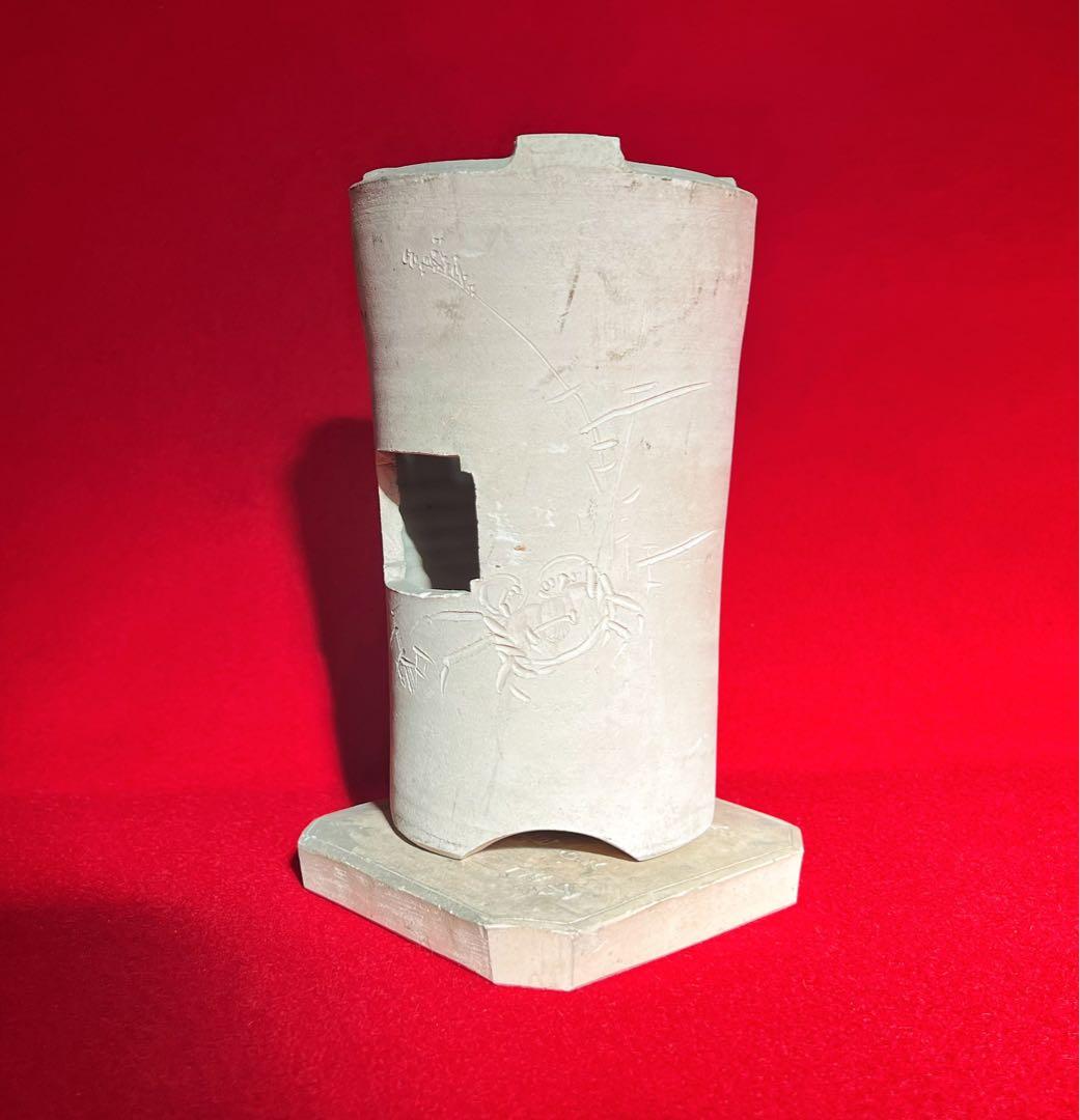 煎茶道具 古道具 茶道具 白泥 涼炉　涼炉台付　コレクション蟹彫刻 在銘 龍山造