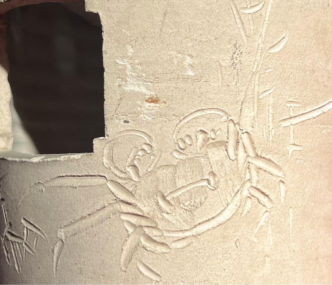 煎茶道具 古道具 茶道具 白泥 涼炉　涼炉台付　コレクション蟹彫刻 在銘 龍山造