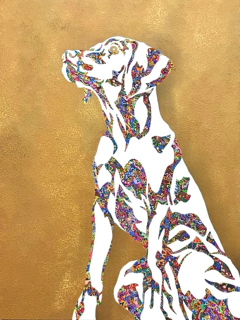 原画　犬　動物画　絵画　アクリル画　現代アート　細密画　手描き　一点物