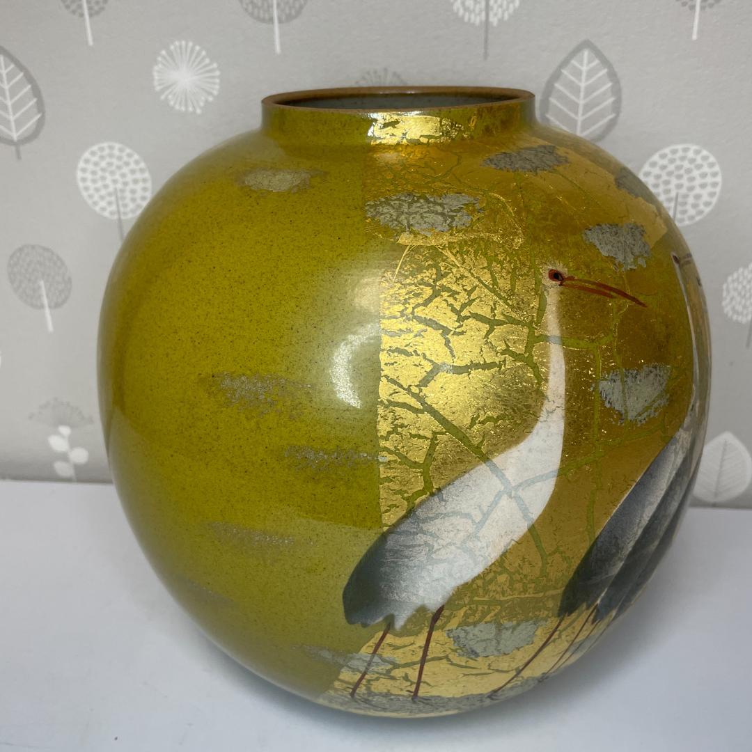 現状品 九谷焼 光陽 山田登陽志 金箔鶴 花瓶 花器 径25×高24cm 陶器