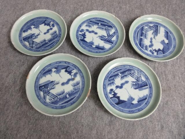 古伊万里冨貴長春青磁染付風景図焼物皿5枚 [B27960]