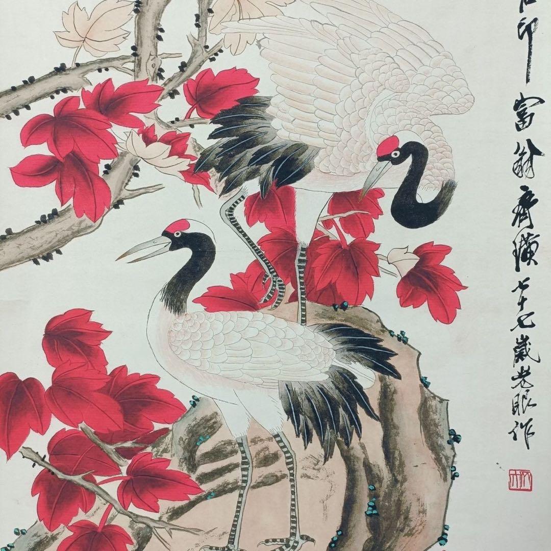 中国花鳥画 双鶴図 掛け軸 四尺中堂 紅葉 伝統絵画 サイズ：70×173cm