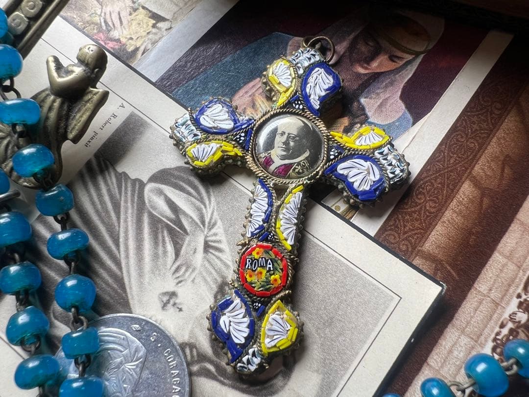 イタリア製　希少アンティーククロス　モザイクガラス　ピオ11世