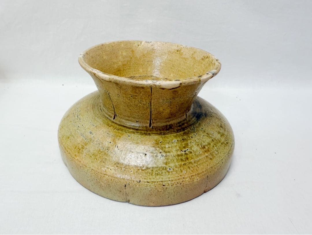 未使用 茶道具 那波鳳翔作 相生浦窯 黄伊羅保 高杯 菓子器 陶印 共箱