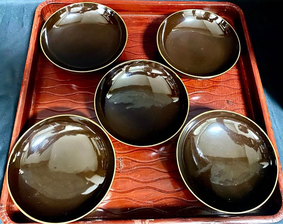 アンティーク 輪島塗 漆器セット 天然木 蒔絵 菓子椀5客 ,沈金 2段重箱
