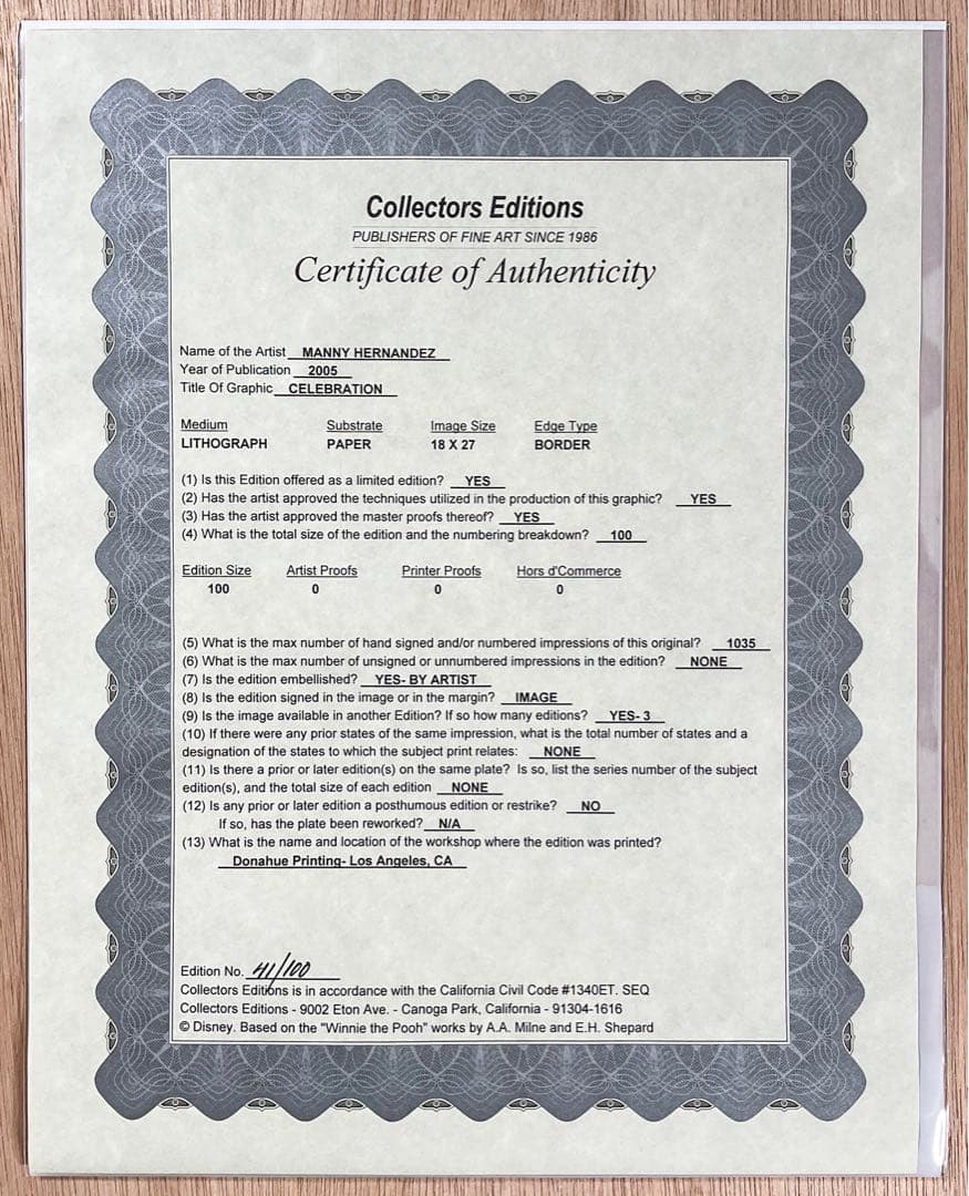 北*之様 【ディズニーアート】マニュエル・エルナンデス☆証明書つき版画☆額65×