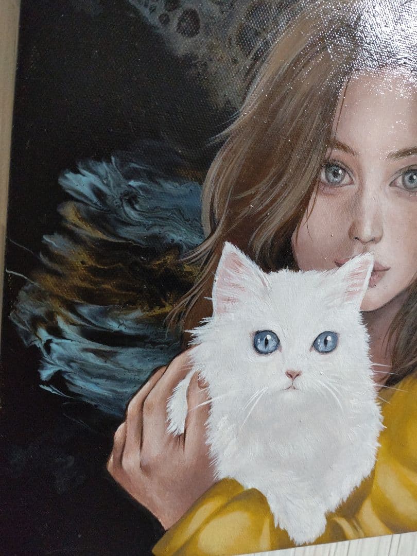 女性と猫の油絵【白猫と女性】1点物の原画/作者サイン入り/キャンバス/人物画