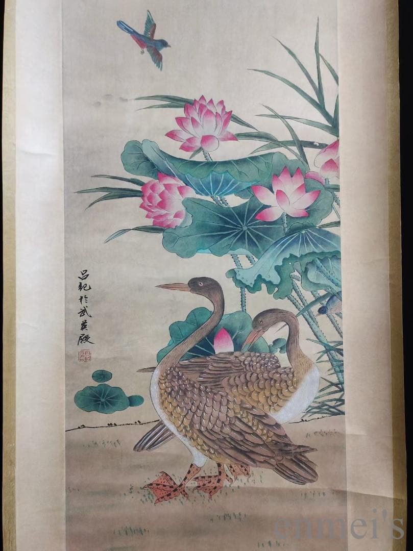 中国古美術.明時代.呂紀款.花鳥図.宣紙画.三尺手描き.肉筆.掛軸.水墨画.旧蔵