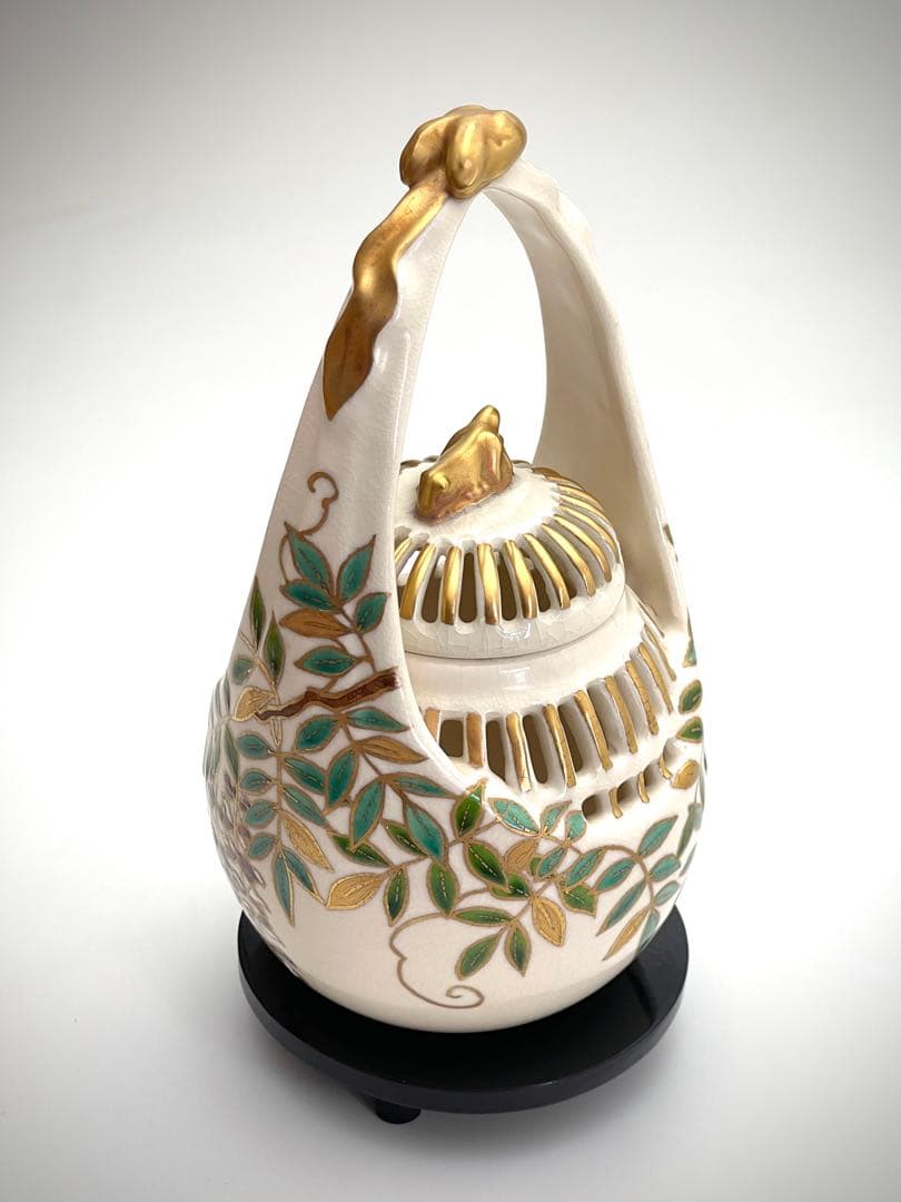 平安与山造　与山窯　藤裏葉の京焼香炉金彩の装飾