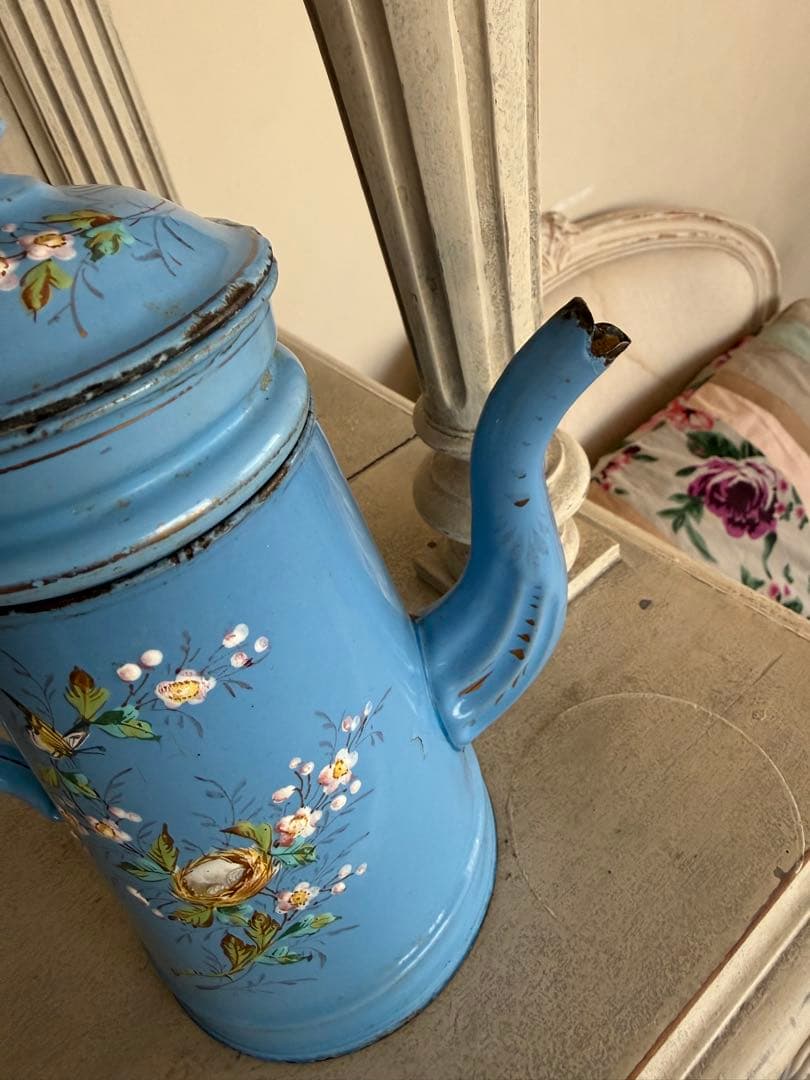 フランスアンティークエトワール社レア！小鳥と小鳥の巣ハンドペイントホーローポット