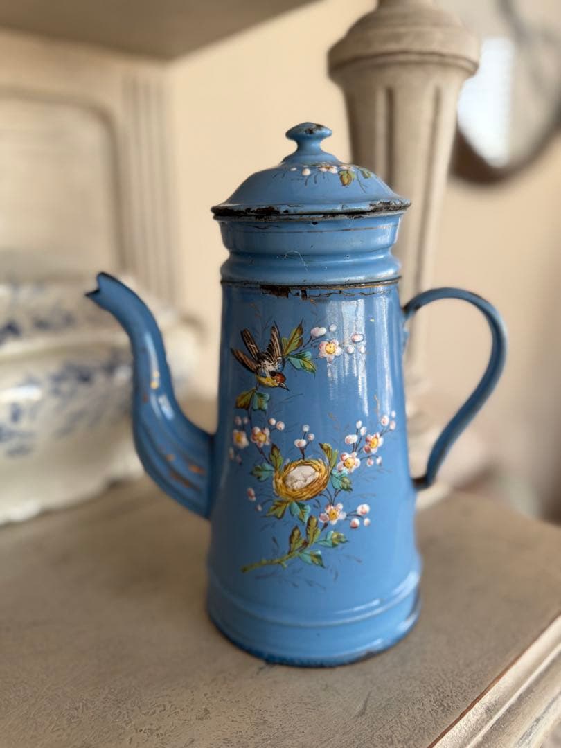 フランスアンティークエトワール社レア！小鳥と小鳥の巣ハンドペイントホーローポット