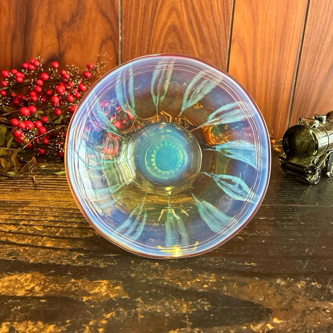 骨董　時代ガラス　希少　若草色　乳白色暈し　桃色千段巻き　氷コップ　ウラン