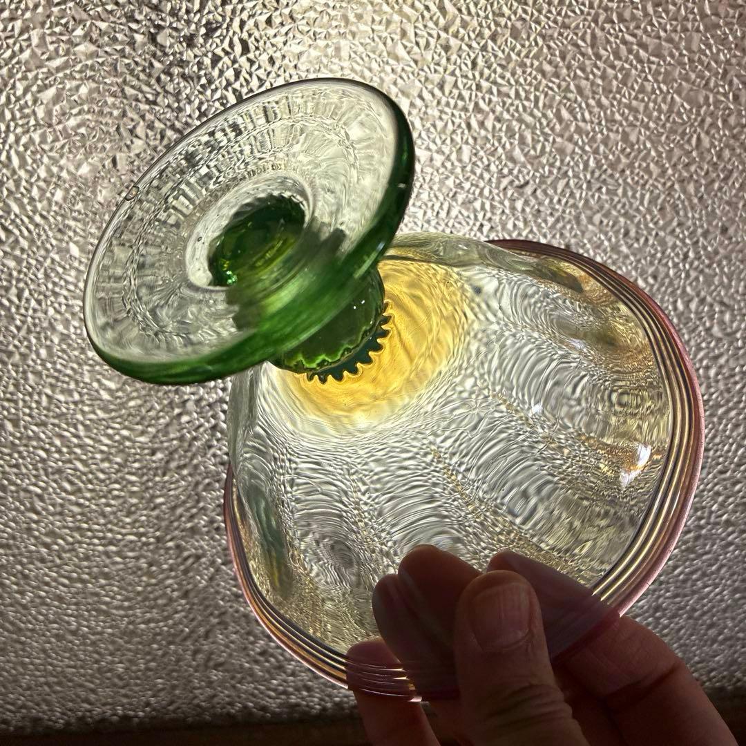 骨董　時代ガラス　希少　若草色　乳白色暈し　桃色千段巻き　氷コップ　ウラン