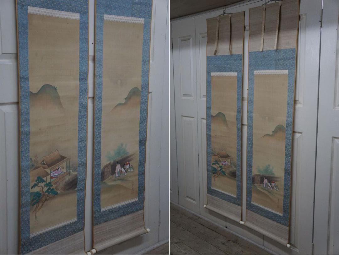 2幅 土佐光起 石山寺観月図 平安人物図 土佐家中興の祖 肉筆 落款 掛け軸